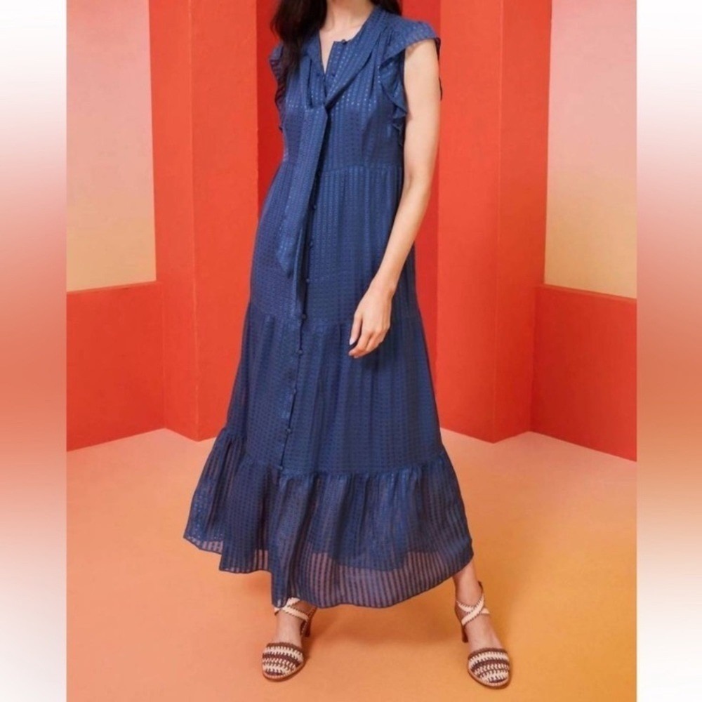 Marie Oliver Kylee Dress, Ocean ruffle silk blend Size S maxi solid blue tie - Picture 4 of 16